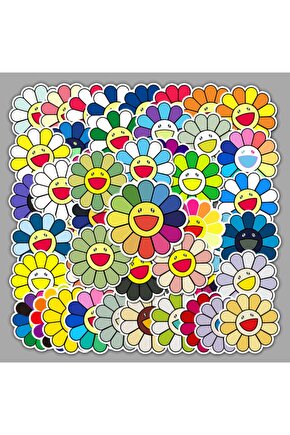 50 Adet Tekrarsız Renkli Çiçekler Kalite Pvc Sticker 02