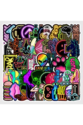 50 Adet Tekrarsız Neon Tarz Kalite Pvc Sticker Süs 010