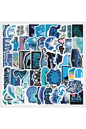 50 Adet Tekrarsız Mavi Tema Karışık Kalite Pvc Sticker 09