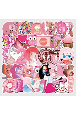 50 Adet Tekrarsız Pembe Karışık Kalite Pvc Sticker 08
