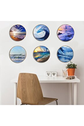6 Parça Deniz Dalga Temalı Yuvarlak Modern Duvar Tablo