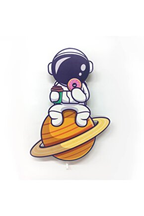 Astronot Donut Ahşap Led Işıklı Çocuk Odası Duvar Tablosu