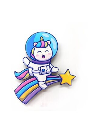 Unicorn Astronot Ahşap Işıklı Çocuk Odası Duvar Tablosu