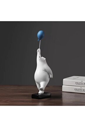 Dekoratif Sevimli Beyaz Balon Tutan Ayı Modern Biblo Süs