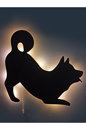Oyuncu Köpek Led Işıklı Siyah Ahşap Tablo Duvar Dekoru