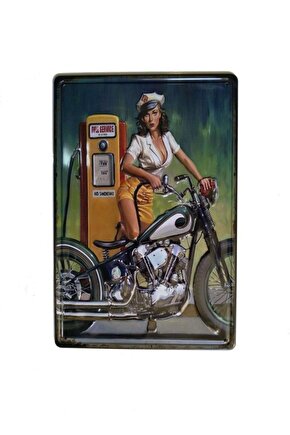 Motorcu Kız Temalı 20x30 Cm Metal Plaka Metal Tablo
