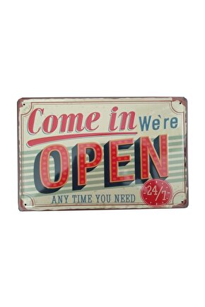 Open Açık Yazılı Retro Kabartma Metal Plaka 20x30 cm Metal Tablo