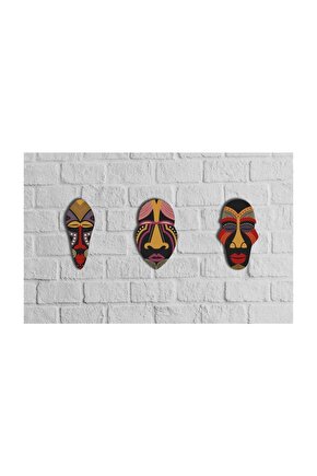 Dekoratif Üçlü Ahşap Tablo Otantik Maske Kabile Mask Süs