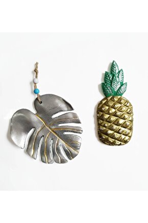 Dekoratif İkili Ananas ve Yaprak Duvar Süsü İkili Set Ev Dekoru