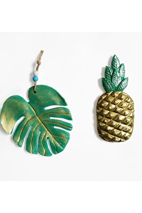 Dekoratif İkili Ananas ve Yaprak Duvar Süsü İkili Set Ev Dekoru