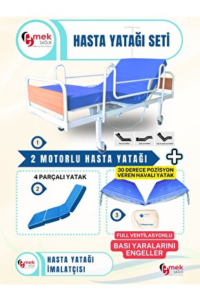 2 Motorlu Ekonomik Hasta Karyolası + 4 Parçalı Yatak + 30 Derece Pozisyon Veren Havalı Yatak Takım