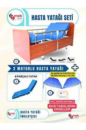 2 Motorlu Ahşap Hasta Karyolası + 4 Parçalı Yatak + 30 Derece Pozisyon Veren Havalı Yatak Takım