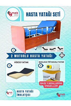 2 Motorlu Ahşap Hasta Karyolası + Visco Yatak + Baklava Tipi Havalı Yatak Takım