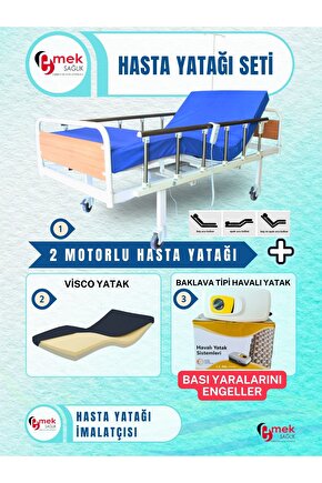 2 Motorlu Mdf Başlıklı Tabanca Korkuluklu Hasta Karyolası + Visco Yatak + Baklava Tipi Havalı Yatak