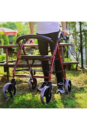 Tekerlekli Frenli Sepetli Oturaklı Dört Tekerlekli Yürüteç Rolatör