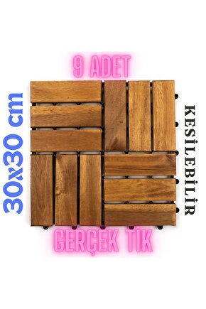 Teak Ağacı Yer Karosu 9 Adet 1 Koli Bahçe Banyo Deck Ahşap Karo Masif Yer Döşemesi Balkon Deck