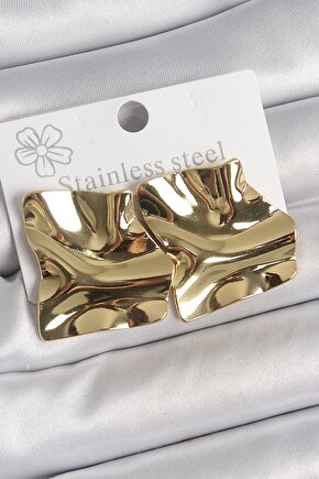 316 Çelik Gold Renk Dalgalı Plaka Kare Model Kadın Küpe