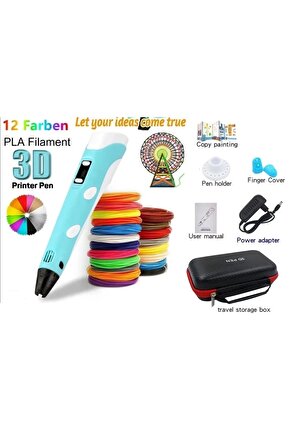 3d Pen Üç Boyutlu Yazıcı Kalem Printer (12 Adet 3 Metre Filament -36 Metre Led Ekranlı Adatörlü