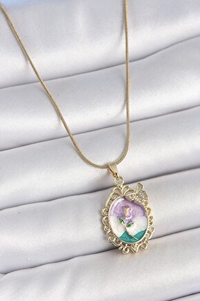 316L Çelik Gold Renk Zincir Mix Renk Mineli Çiçek İşlemeli Zirkon Taş Detaylı Portre Model Kadın Kol