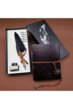 Tüylü Kalem Ve Deri Defter Set