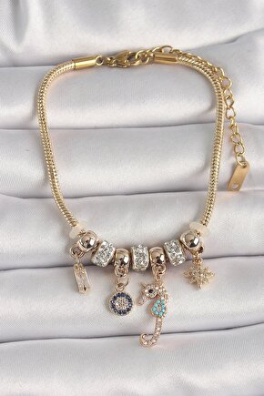 Muı Muı Pirinç Gold Renk Zincir Sallantı Zirkon Taşlı Deniz Atı Figür Nazar Boncuk Detay Kadın Bilek