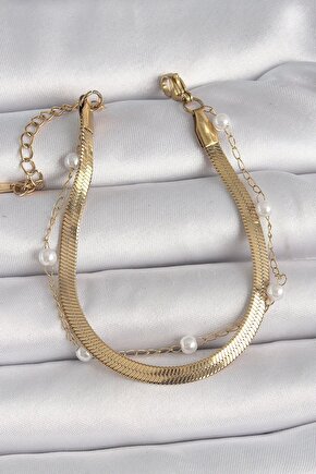316l Çelik Gold Renk 2li Italyan Zincir Model Inci Detay Kadın Bileklik