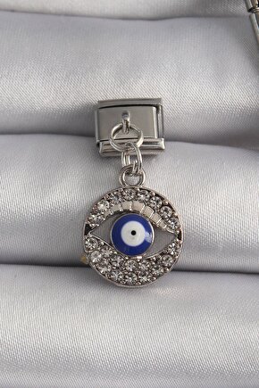 316l Çelik Gümüş Renk Sallantı Zirkon Taşlı Göz Model Nazar Boncuk Detay Nomination Charm