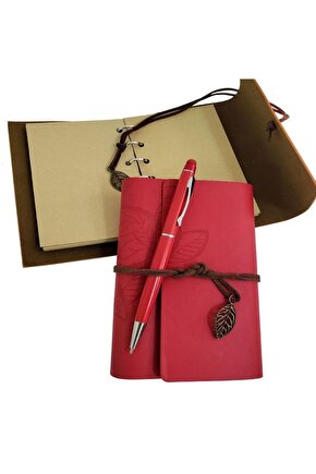 Ahşap Kutulu Kırmızı Deri Defter Ve Kalem Set