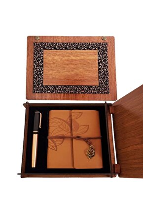 Ahşap Kutulu Taba Renk Deri Defter Ve Kalem Set