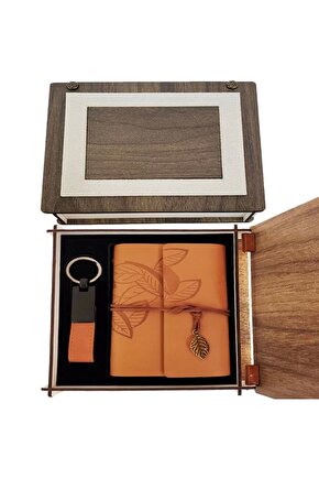 Özel Ahşap Kutulu Taba Deri Defter Ve Anahtarlık Set