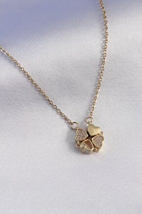 316l Çelik Gold Renk Açılır Yonca Model Zirkon Taşlı Kadın Kolye