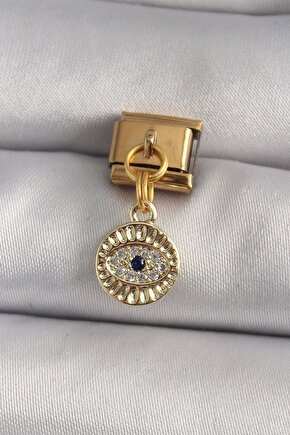 316l Çelik Gold Renk Sallantı Zirkon Taşlı Göz Model Nomination Charm