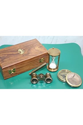 Ahşap Kutulu Pirinç Pusulakumsaatidürbün Seti 15682