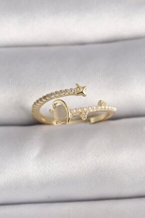 Pirinç Gold Renk Zirkon Taşlı Beyaz Mineli Yıldız Detaylı Ayarlanabilir Kadın Yüzük