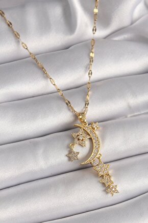 316l Çelik Gold Renk Zincir Zirkon Taşlı Hilal Yıldız Figür Sallantı Detay Kadın Kolye