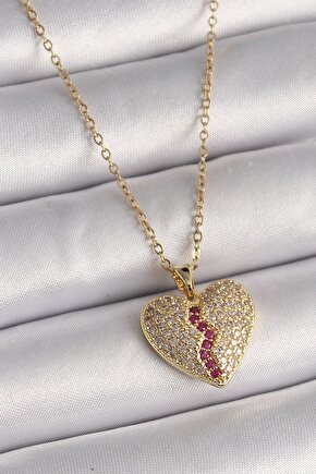 316l Çelik Gold Renk Zincir Zirkon Taşlı Kalp Model Kadın Kolye