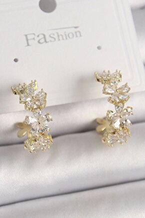 Pirinç Gold Renk Zirkon Taşlı Çiçek Işlemeli Halka Model Kadın Küpe