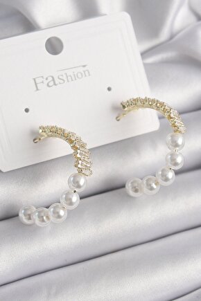 Pirinç Gold Renk Incili Zirkon Taşlı Halka Model Kadın Küpe