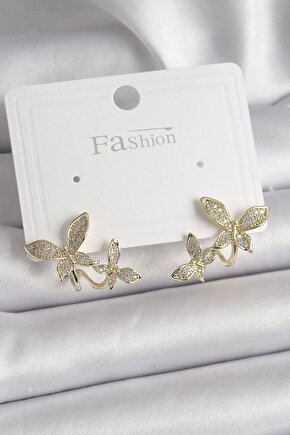 Pirinç Gold Renk Zirkon Taşlı Kelebek Model Kadın Küpe