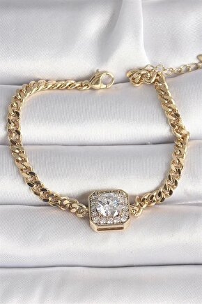 Pirinç Gold Renk Kare Zirkon Taşlı Xuping Exclusive Vıp Seri Kadın Bileklik