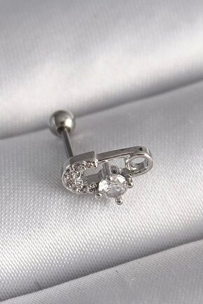 316l Çelik Gümüş Renk Zirkon Taşlı Toplu Iğne Tragus Piercing