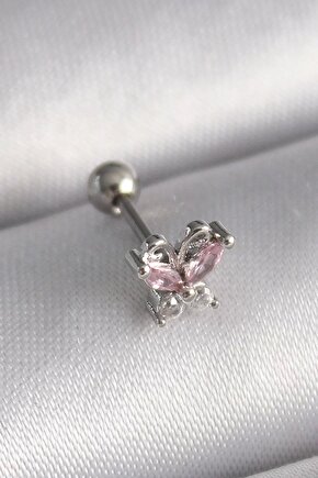 316l Çelik Gümüş Renk Pembe Zirkon Taşlı Kelebek Tragus Piercing