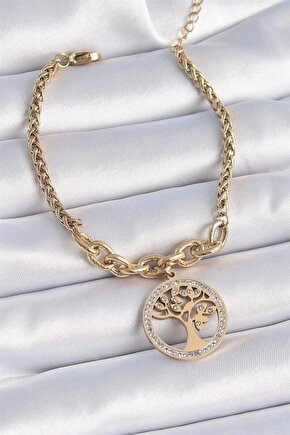 316l Çelik Gold Renk Zirkon Taşlı Yaşam Ağacı Figür Kadın Bileklik