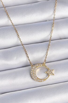 316l Çilek Zincir Gold Renk Zirkon Taşlı Ay Yıldız Model Kadın Kolye