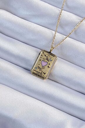 316l Çelik Zincir Eskitme Altın Renk Pembe Mineli Kalp Figürlü Tarot Kolye