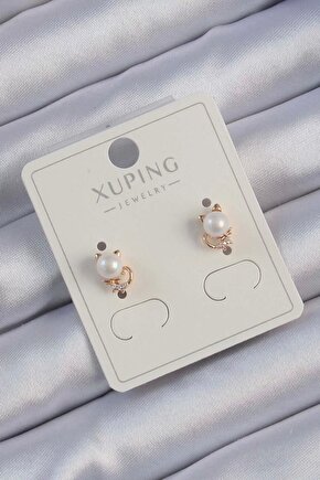 Xuping Rose Renk Zirkon Taşlı İncili Kedi Küpe