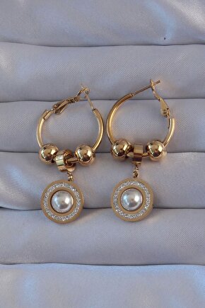 316l Çelik Gold Renk Zirkon Ve Inci Taşlı Model Halka Küpe