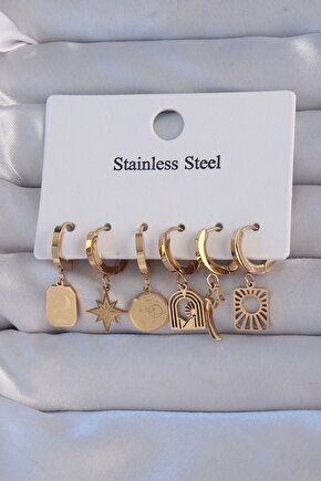 316l Çelik Gold Renk Yıldız Figürlü Tarot Model Halka Küpe Seti