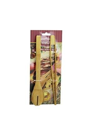 2 Pcs Ahşap Bambu Maşa Seti Ince Izgara - Kaşıklı Servis Maşa (4767)