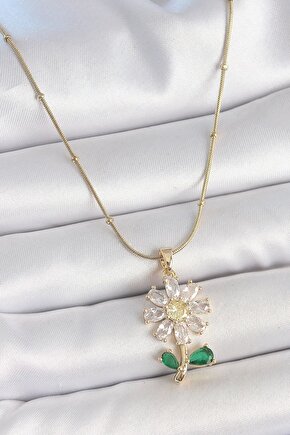 316L Çelik Gold Renk Minimal Topçuk Zincir Zirkon Taşlı Papatya Model Kadın Kolye
